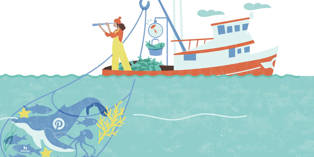 Illustrated woman on a ship at sea hauling net full of fish