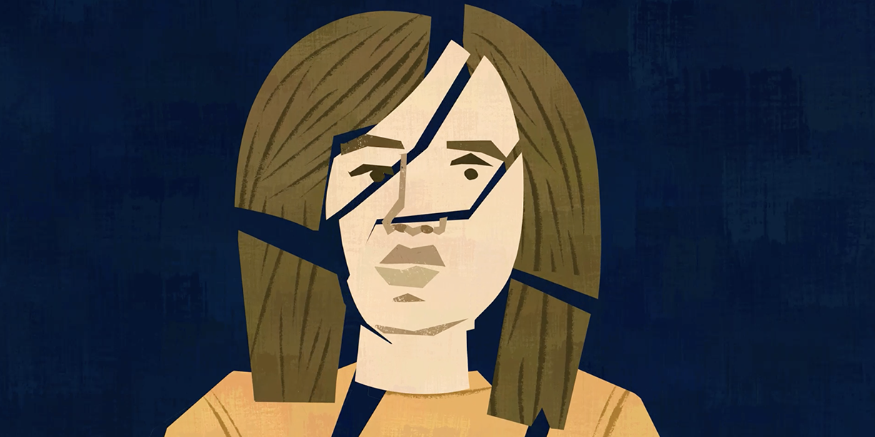 Fractured face of an illustrated woman