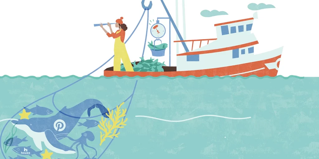 Illustrated woman on a boat at sea hauling a net full of sea creatures